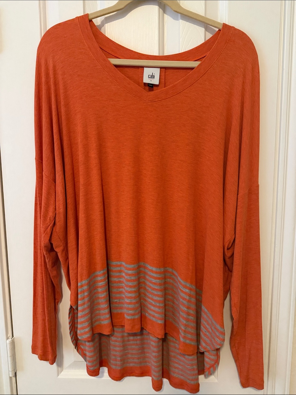CAbi Orange V-Neck Long Sleeve Top with Gray Stripe Hem